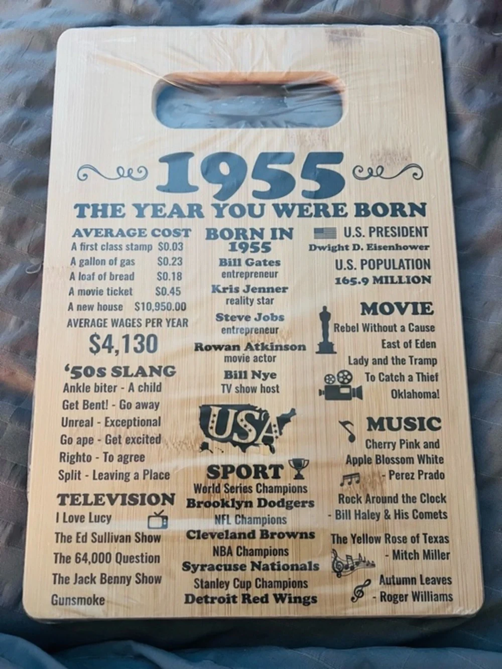 Born in 1955 cutting board new in package